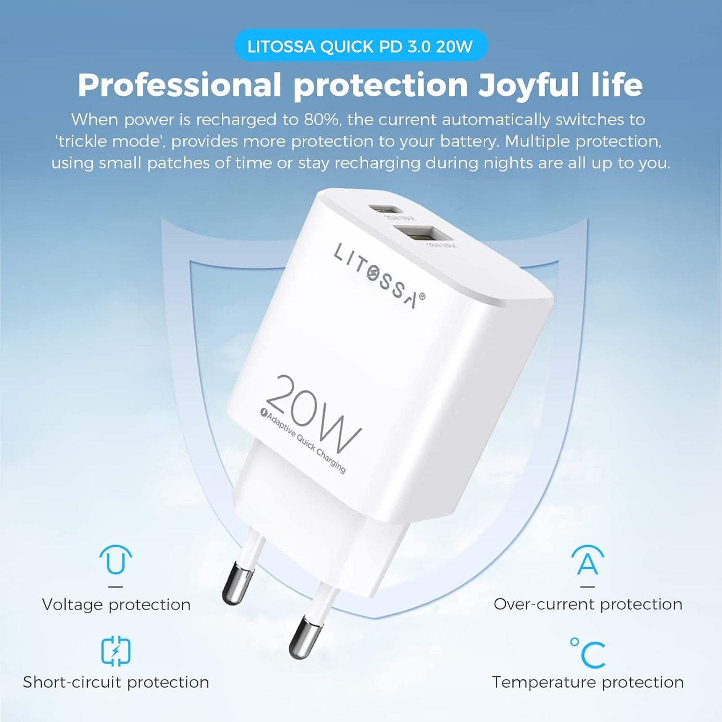 Caricatore USB C, Caricatore Iphone 2 Pack, 20W Presa USB 2 porte con USB-C e USB-A, Caricatore Veloce da PD 3.0