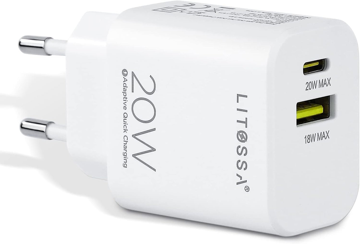 Caricatore USB C, Caricatore Iphone 2 Pack, 20W Presa USB 2 porte con USB-C e USB-A, Caricatore Veloce da PD 3.0