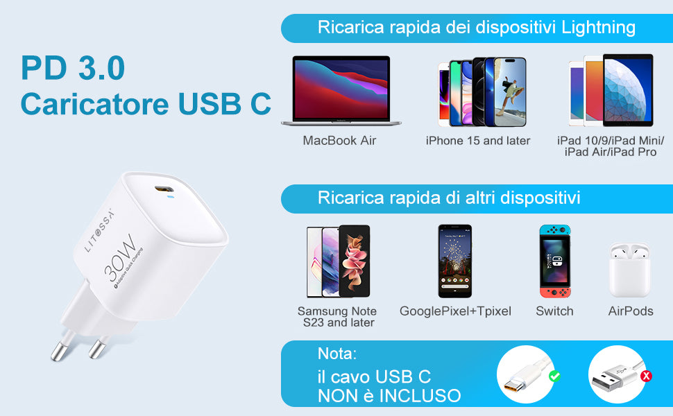 PD 30W Charger CON CAVO Type-C TO Lighting