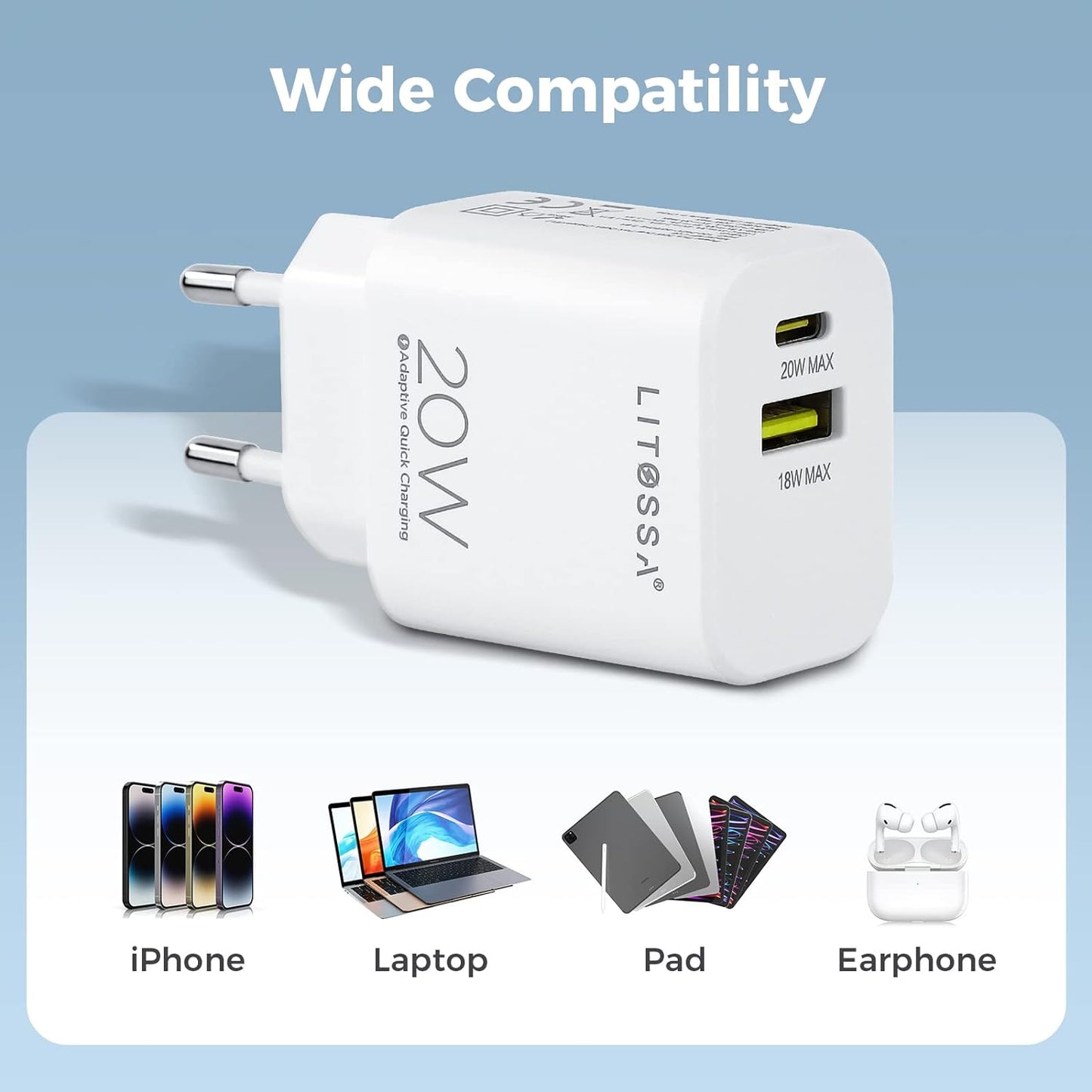 Caricatore USB C, Caricatore Iphone 2 Pack, 20W Presa USB 2 porte con USB-C e USB-A, Caricatore Veloce da PD 3.0