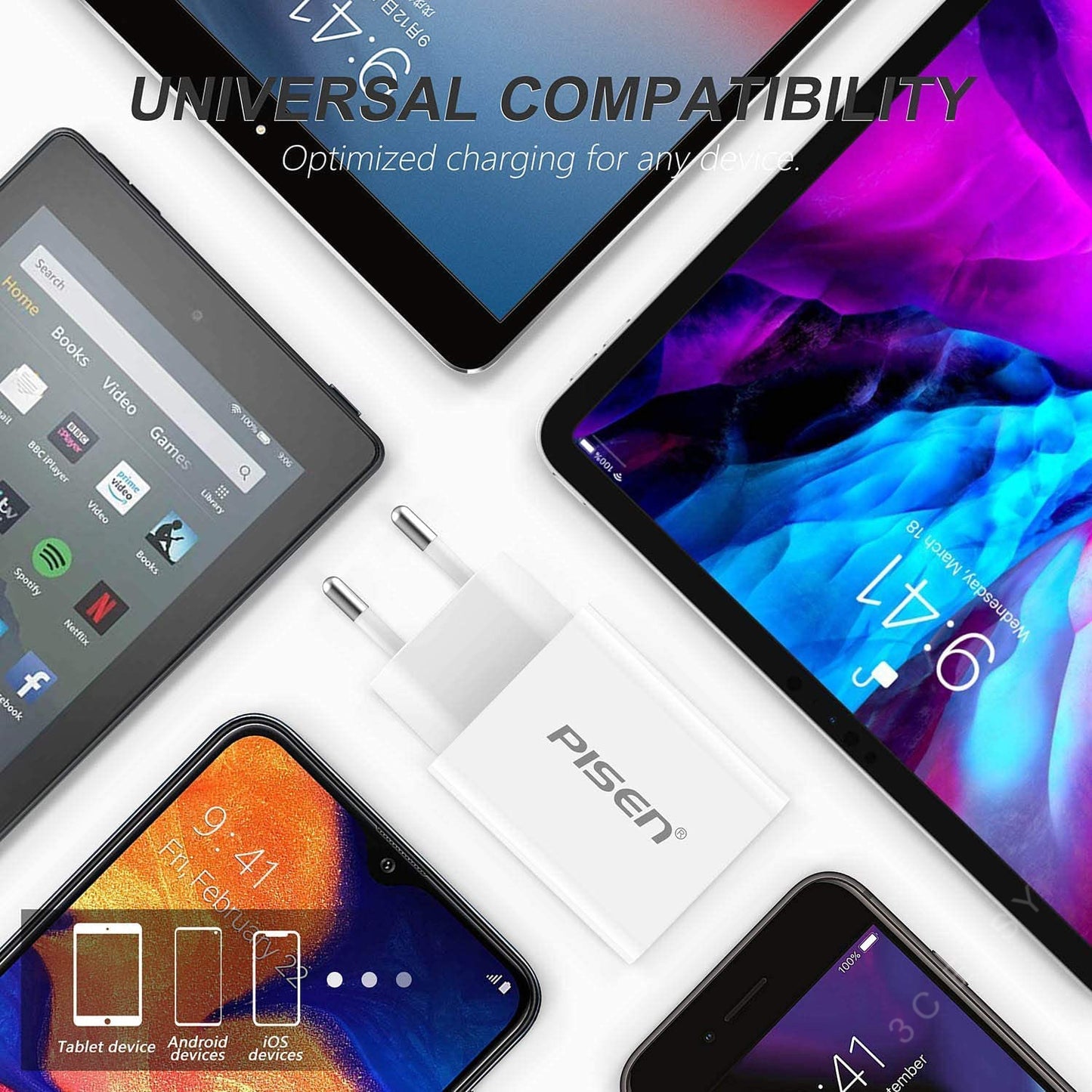 PISEN USB 和 USB-C PD 壁式充电器 18W